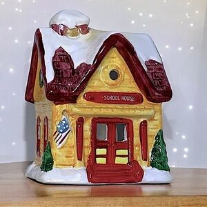 JSNY Vintage Holiday Schoolhouse Candle Holder Hand Painted Porcelain Ceramic